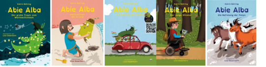 Foto. Cover der Kinderbücher aus der Abie Alba-Reihe: "Abie Alba: Der große Traum vom Weihnachtsbaum"; "Abie Alba: Weihnachten am Strand"; Abie Alba: Die Rettung des Waldes"; "Abie Alba: Der junge Ottokar"; Abie Alba: Die Befreiung der Ponys"