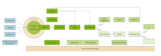 Flussdiagramm. Startpunkt Studierende mit Behinderung im individuellen Kontext umgeben von Faktoren des Erlebens von Inklusion und Exklusion: Anerkennung, Teilhabe, Wohlfühlen. Der Prozess beginnt mit einem Stressor, der bewertet wird. Auf die Bewertung wirkt Resilienz ein. Vom Stressor zu Stressreaktionen zu Coping zu Neubewertung. Erfolgreiche Neubewertung: Stressbewältigung zu Resilienz zu Adaption zurück zu Resilienz der ersten Bewertung des Stressors. Neubewertung nicht erfolgreich: Stressreaktion zu Coping zu Neubewertung. Prozess wiederholbar.