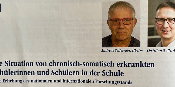 Foto. Zeitschriftenartikel von Andreas Seiler-Kesselheim und Christian Walter-Klose. "Die Situation von chronisch somatisch erkrankten Schülerinnen und Schülern in der Schule. Eine Erhebung des national und internationalen Forschungsstands."