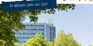 Ausschnitt Flyer. "In diesem Jahr vor Ort!" - Foto des Mathematikgebäude TU Dortmund.