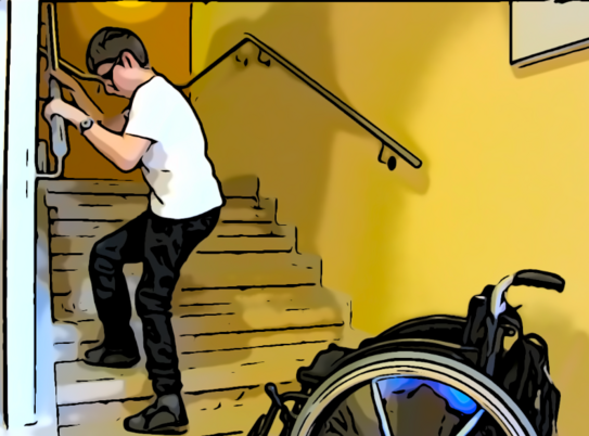 Zeichnung. Rollstuhl vor Treppe. Gezeichnete Person hält sich am Treppengeländer fest und geht die Treppe hoch.