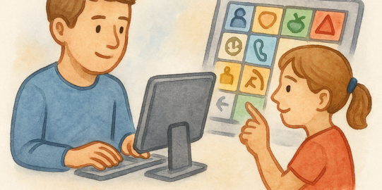 Zeichung. Ein Mann an einem Bildschirm mit Tastatur. Davor steht eine junge Frau. Im Hintergrung eine Symboltafel