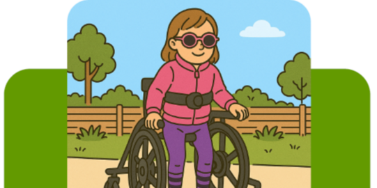 Zeichnung. Mädchen mit Sonnebrille. Das Mädchen steht mit Stabilisierung in einer Mobilitätshilfe.