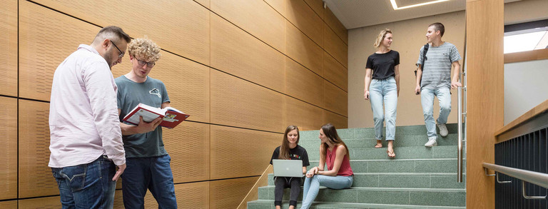 Zwei Studierende laufen eine Treppe herunter, zwei sitzen auf der Treppe und zwei stehen davor.